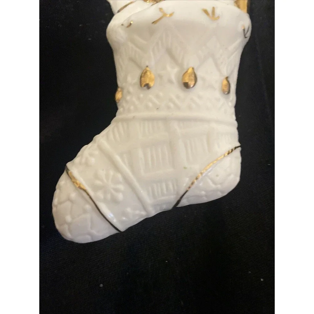 White And Gold Trim Christmas Ornament Porcelain Stocking And Toys Vintage